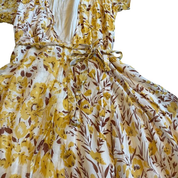 Chan Luu Yellow Brown Floral Print Wrap Dress V-Neck Mini A-Line Size XS Women's - Picture 4 of 12